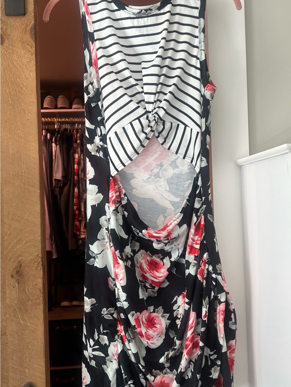 Sleeveless Black Floral & Stripe Twist-Front Dress